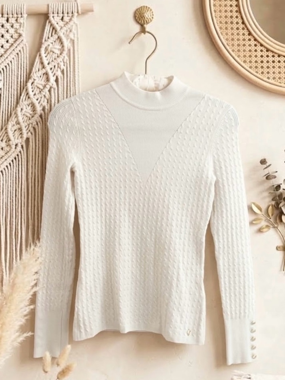 Guess White/Cream Cable-Knit Mock Neck Sweater